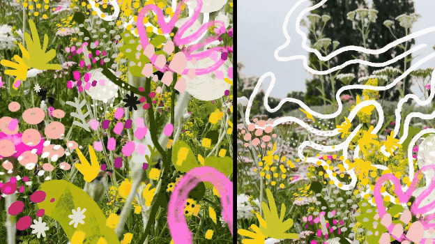 Un campo de flores silvestres con colores vibrantes y un diseño artístico superpuesto, mostrando patrones de plantas y flores en tonos rosados, amarillos y verdes.